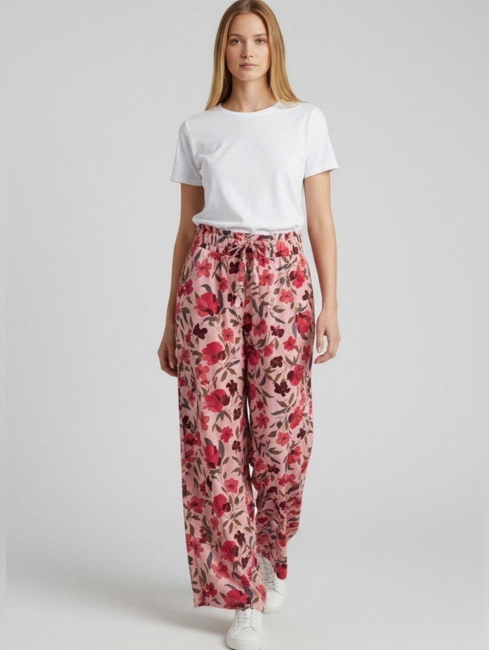 Dokotoo Pink Floral Wide Leg Pants Elastic Drawstring Waist Size L NWT